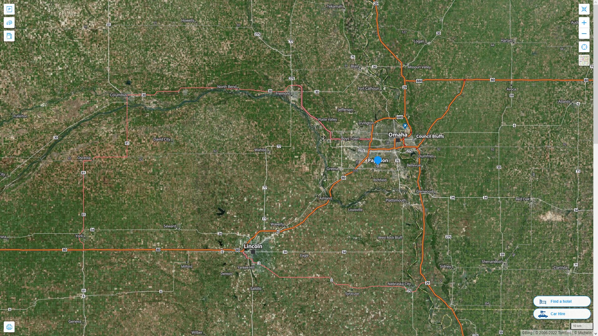 Papillion Nebraska Highway and Road Map with Satellite View
